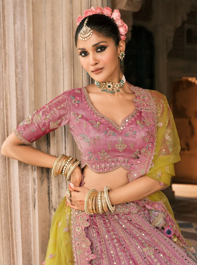 Yellow And Pink Fancy Silk Embroidered Designer Lehenga - Image 3
