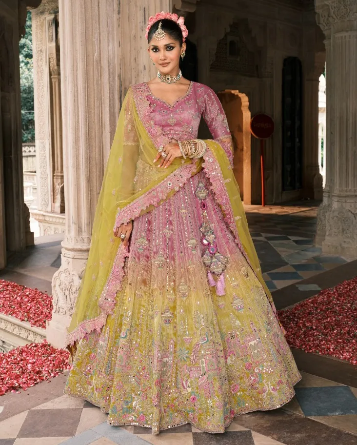 Yellow And Pink Fancy Silk Embroidered Designer Lehenga