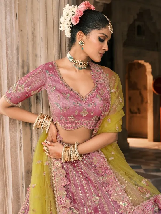Yellow And Pink Fancy Silk Embroidered Designer Lehenga - Image 4