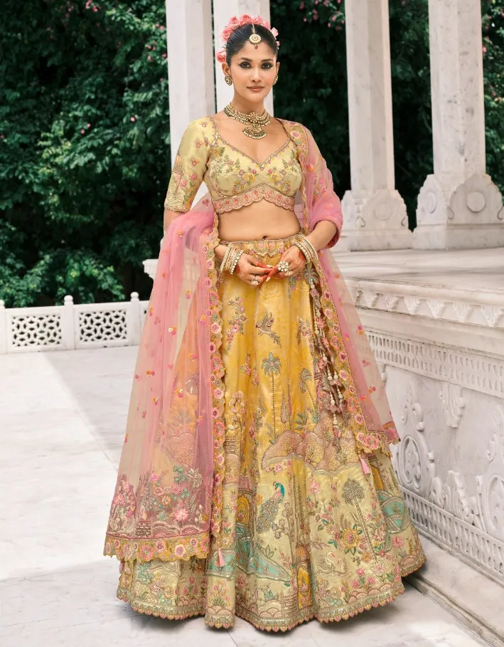 Yellow And Beige Fancy Silk Embroidered Designer Lehenga