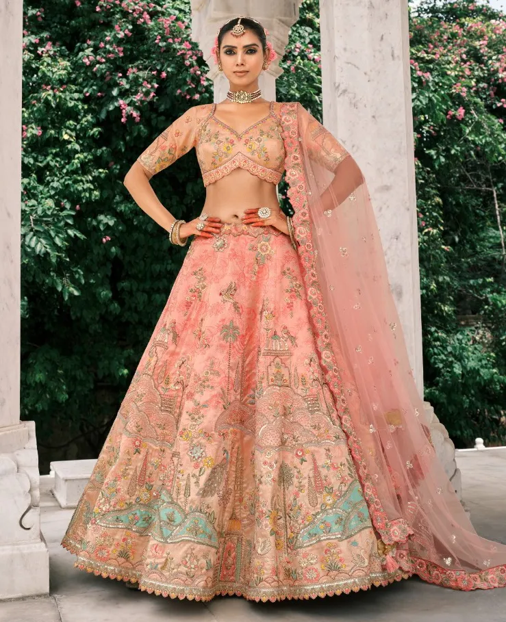 Peach Fancy Silk Embroidered Designer Lehenga