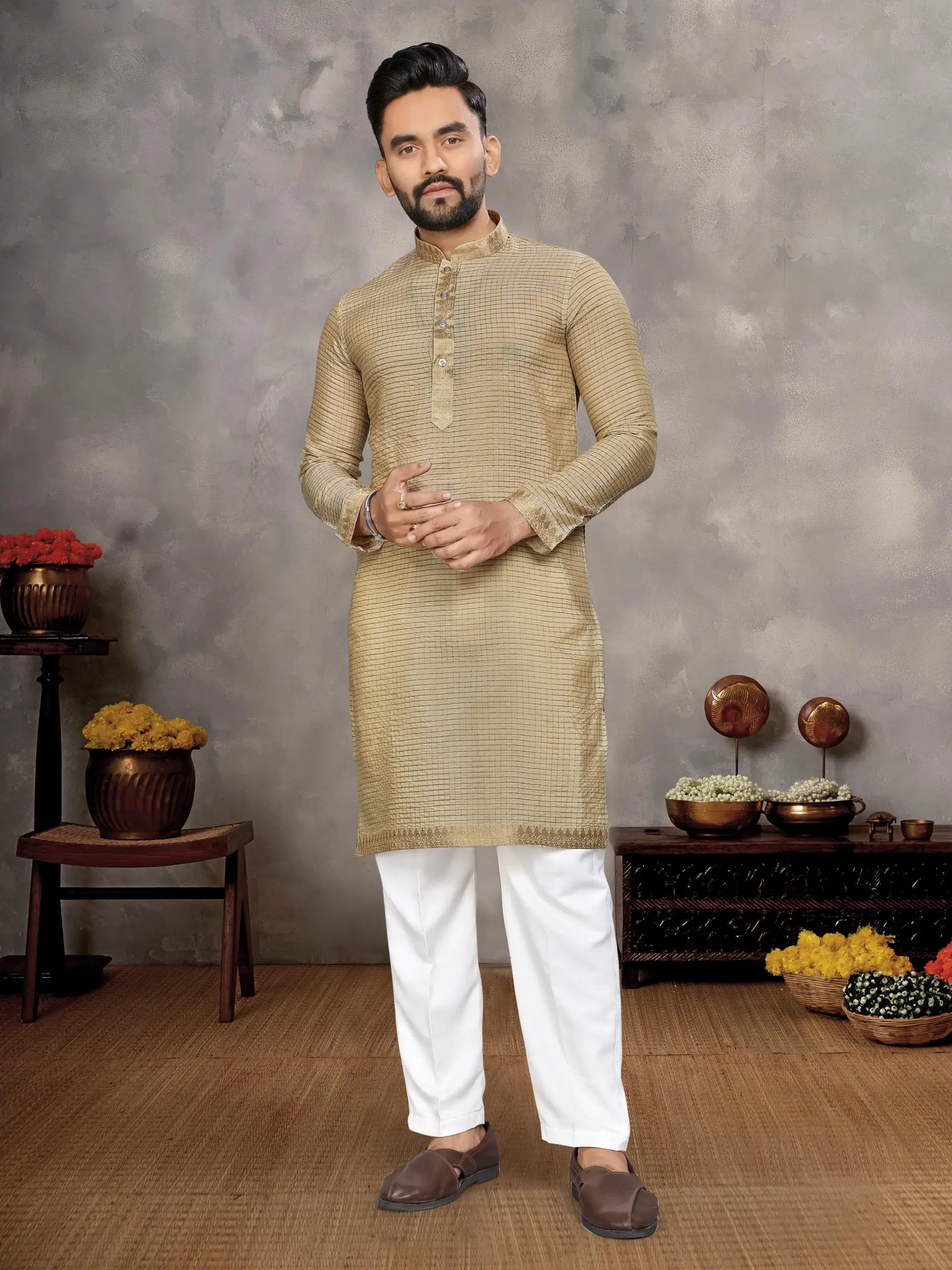 Beige Silk Zari Work Men's Kurta Pyjama