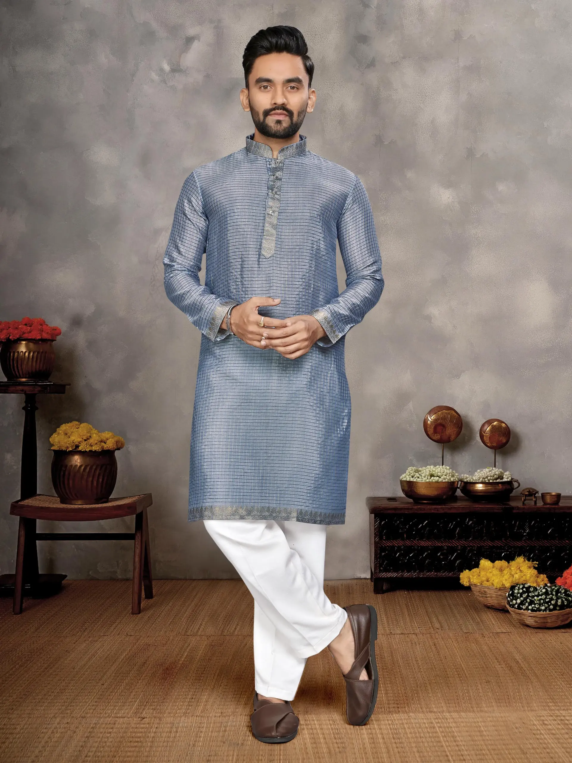 Blue Silk Zari Work Men's Kurta Pyjama