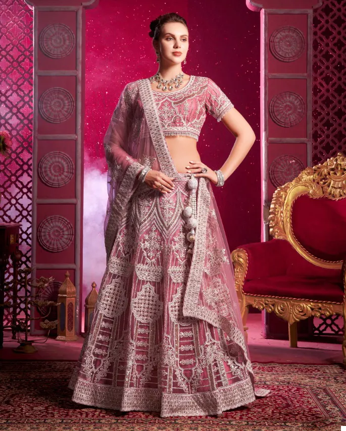 Pink Premium Net Codding Sequins Kali Lehenga