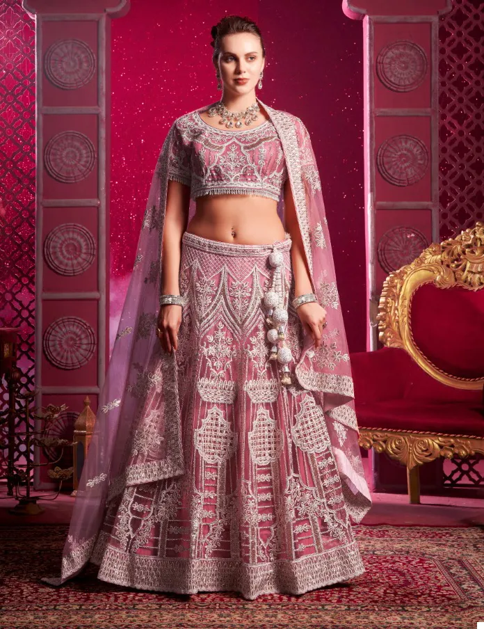 Pink Premium Net Codding Sequins Kali Lehenga - Image 3