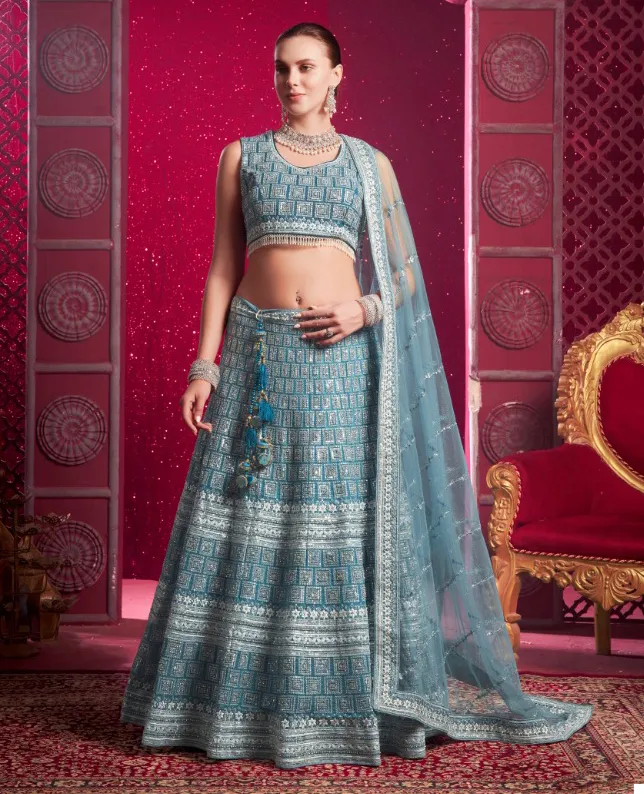 Blue Premium Net Codding Sequins Work Kali Lehenga