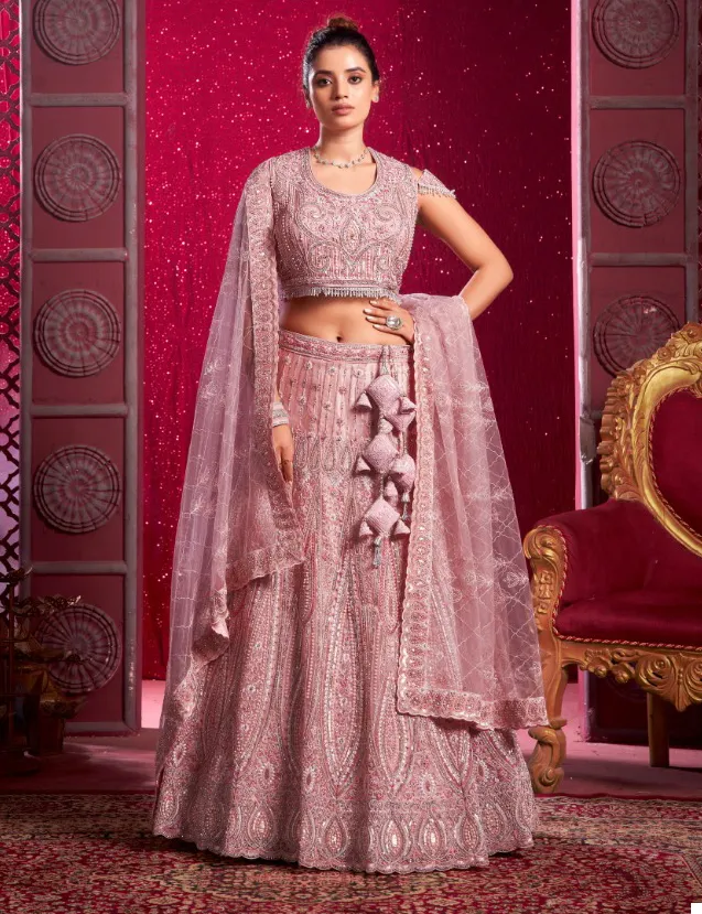 Peach Premium Net Codding Sequins Work Kali Lehenga
