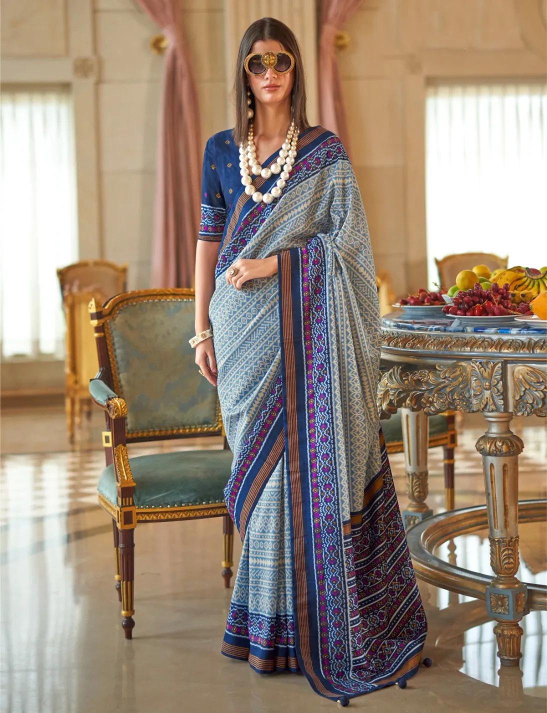 Blue P.V Silk Signature Print Saree