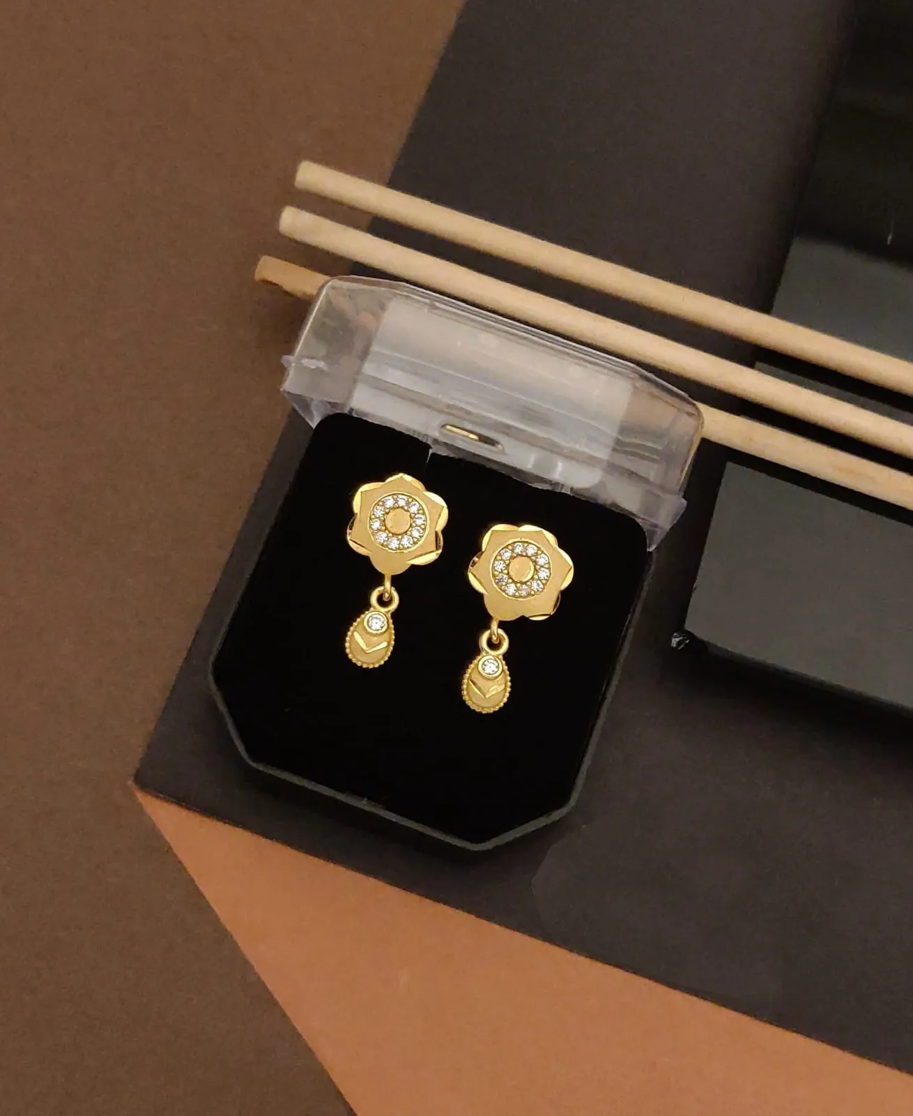Gold-Toned Floral Dangler Studs Earrings