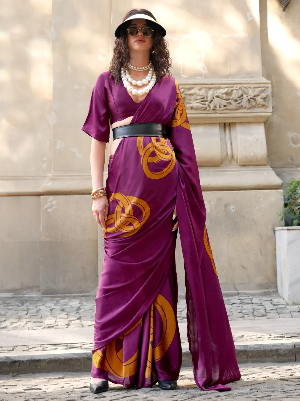 Magenta Spanish Satin Modern Design Saree