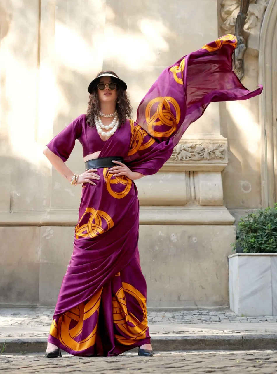 Magenta Spanish Satin Modern Design Saree - Image 2