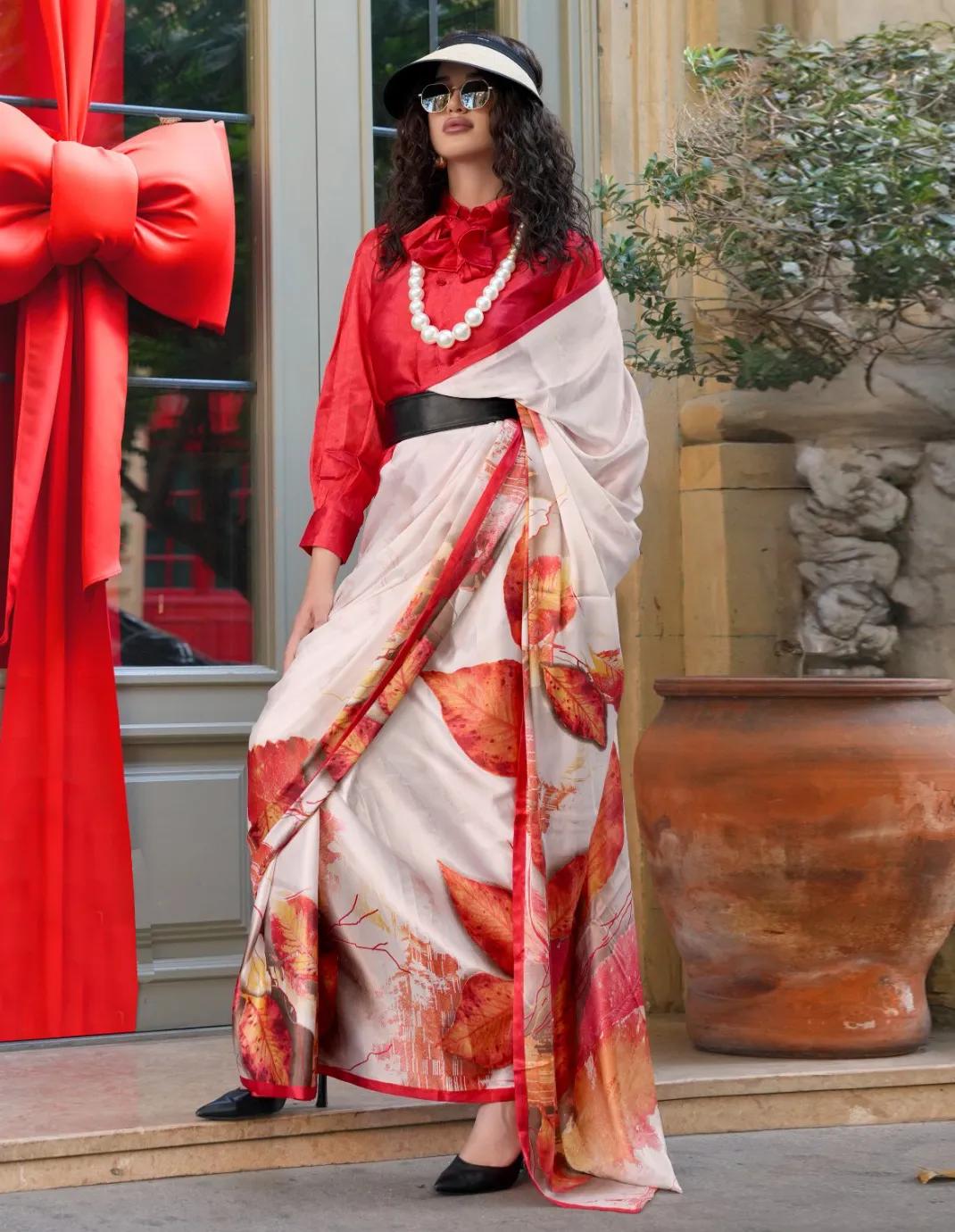 Off White Spanish Satin Modern Design Saree
