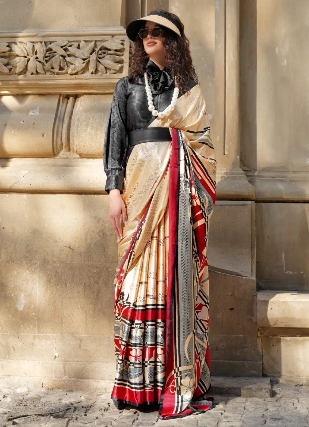 Cream Spanish Satin Modern Design Saree