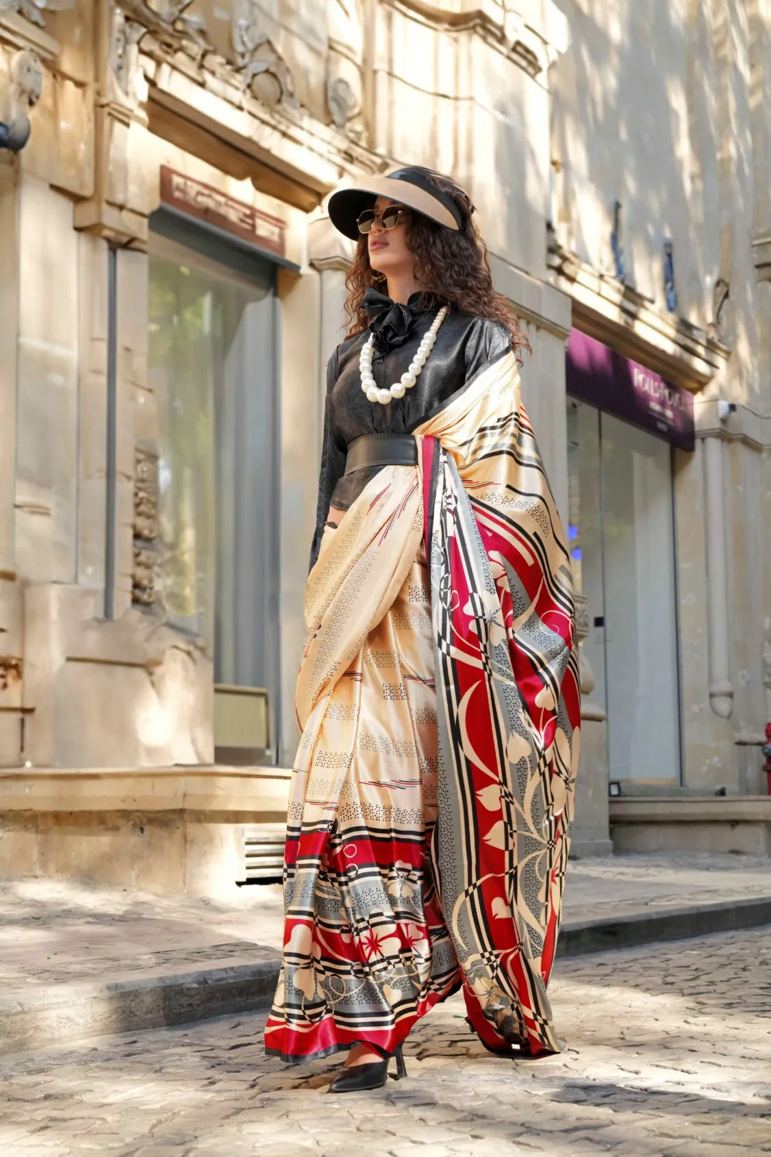 Cream Spanish Satin Modern Design Saree - Image 2