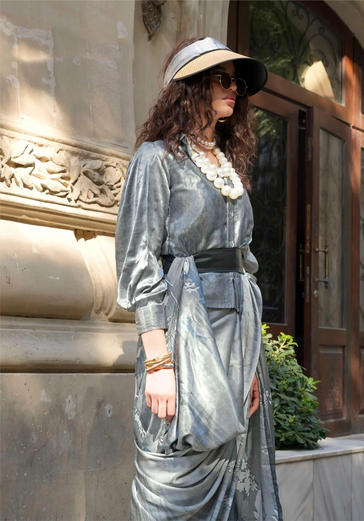 Grey Spanish Satin Modern Design Saree - Image 2