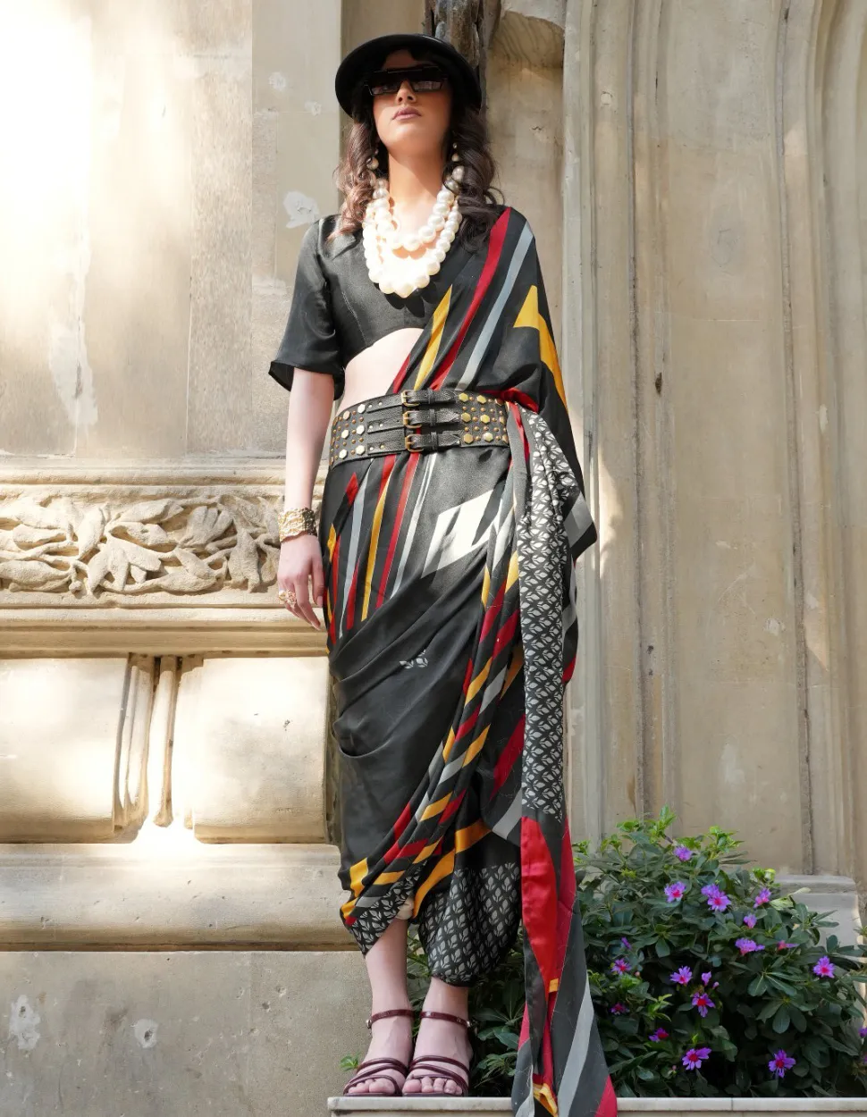 Black Spanish Satin Modern Design Saree