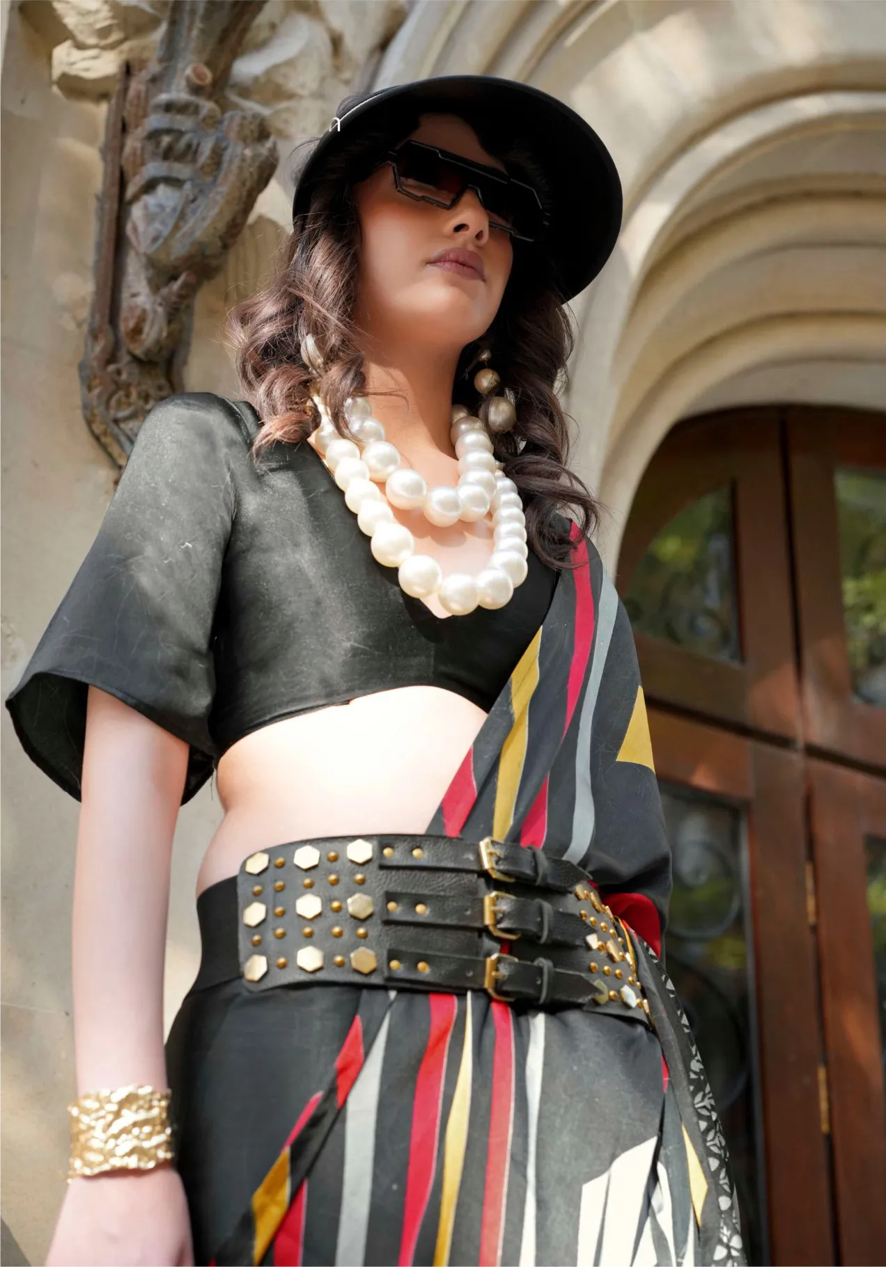 Black Spanish Satin Modern Design Saree - Image 2