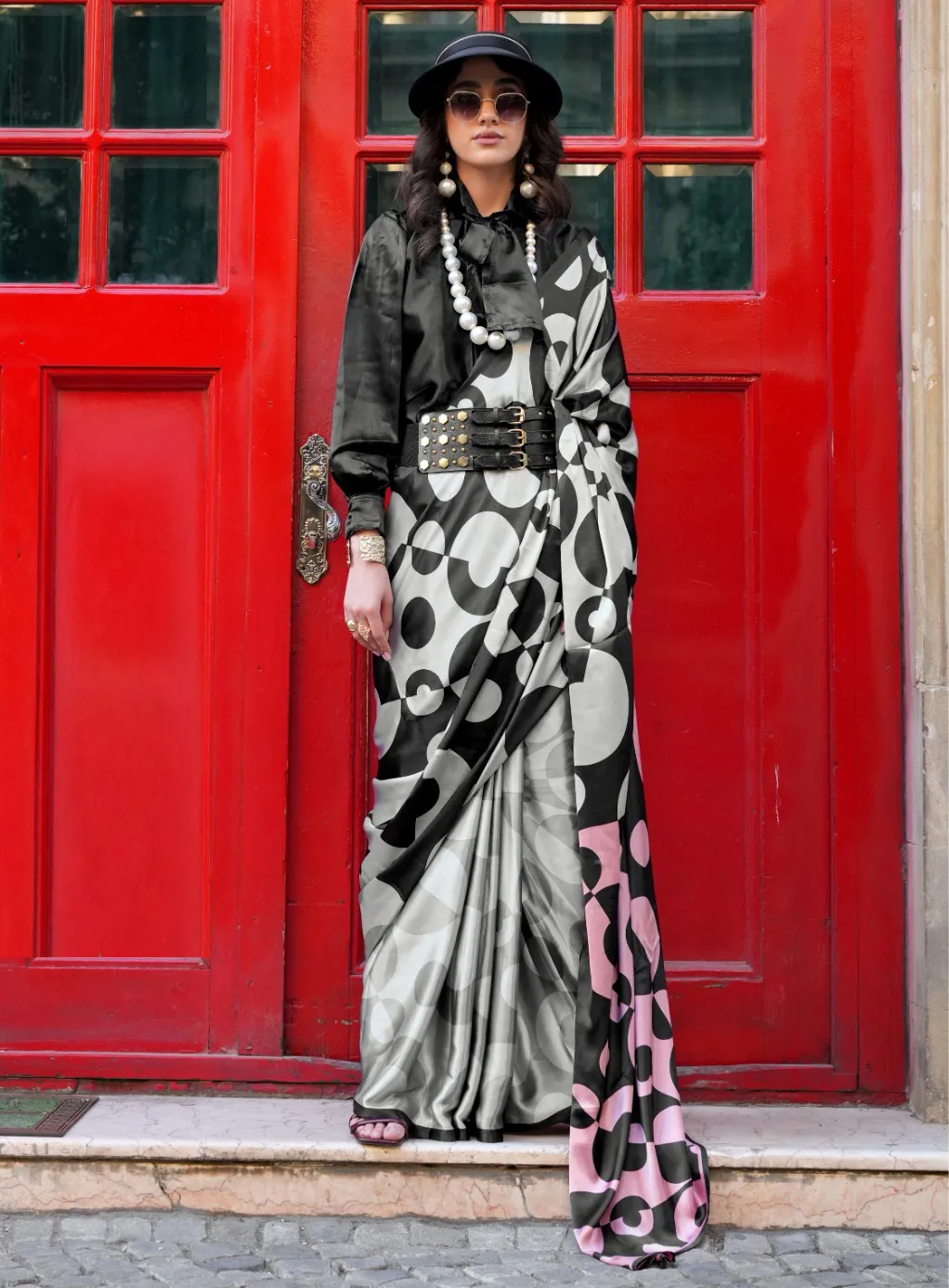 Grey Spanish Satin Modern Design Saree