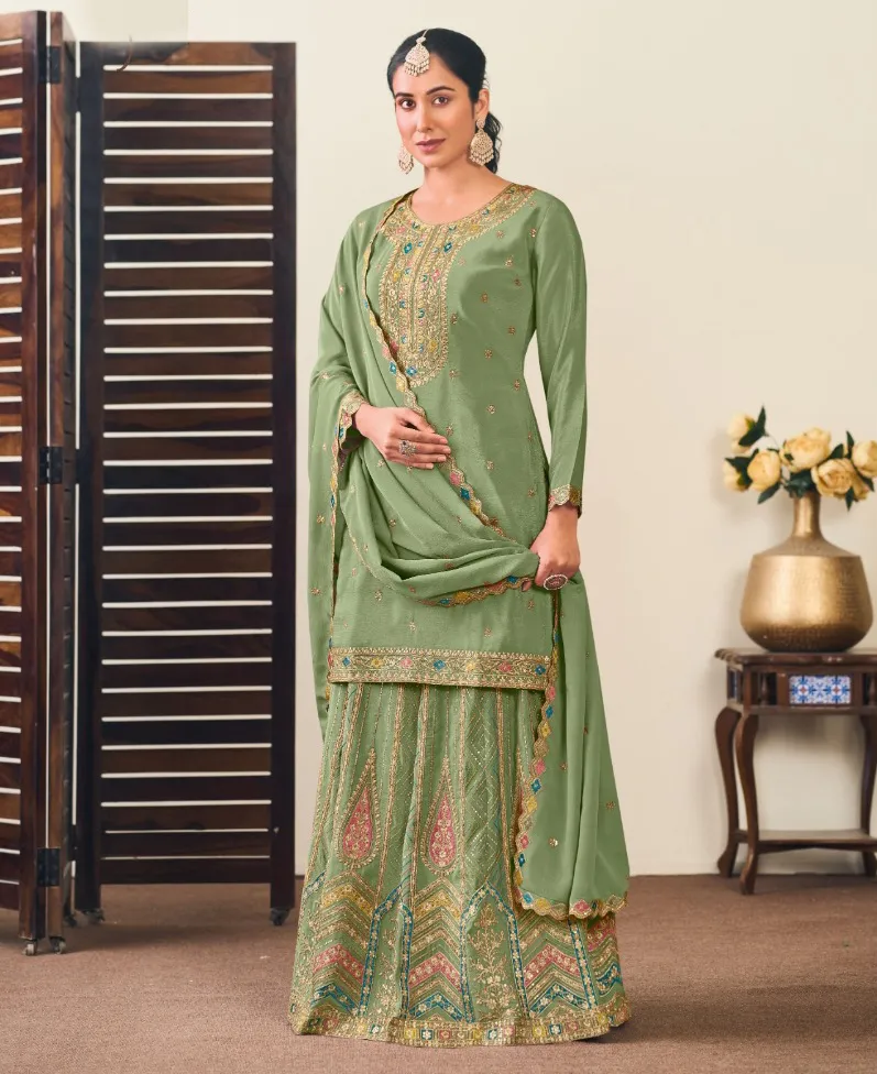 Light Green Heavy Premium Chinon Embroidered Salwar Suit