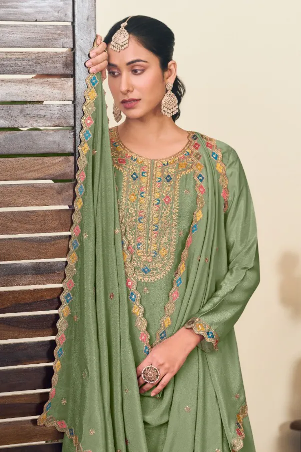 Light Green Heavy Premium Chinon Embroidered Salwar Suit - Image 2