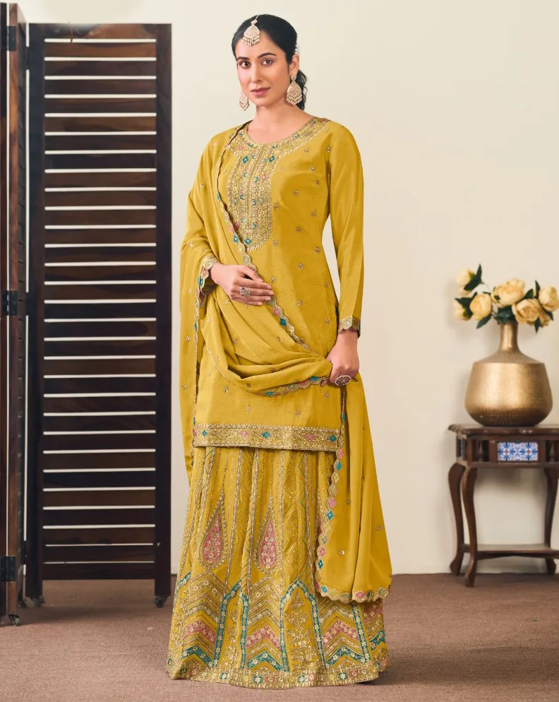 Yellow Heavy Premium Chinon Embroidered Salwar Suit