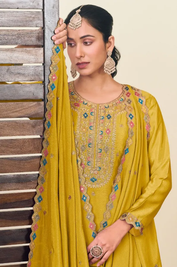 Yellow Heavy Premium Chinon Embroidered Salwar Suit - Image 2