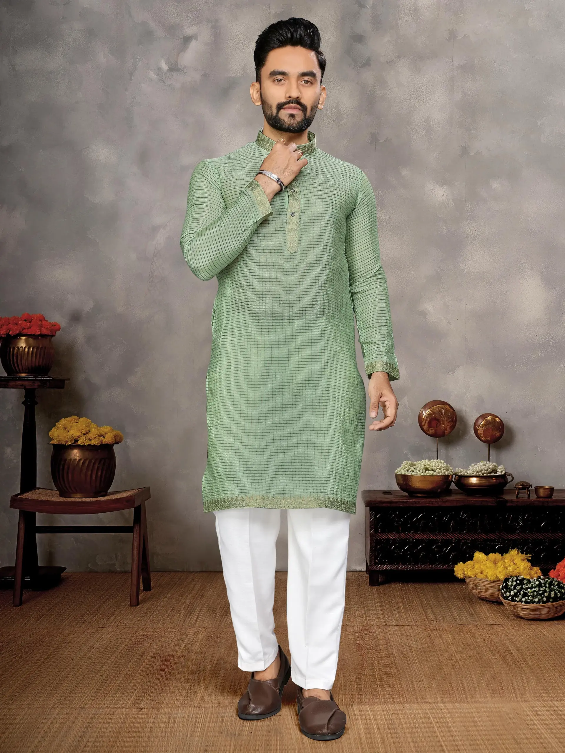 Green Silk Zari Work Men's Kurta Pyjama