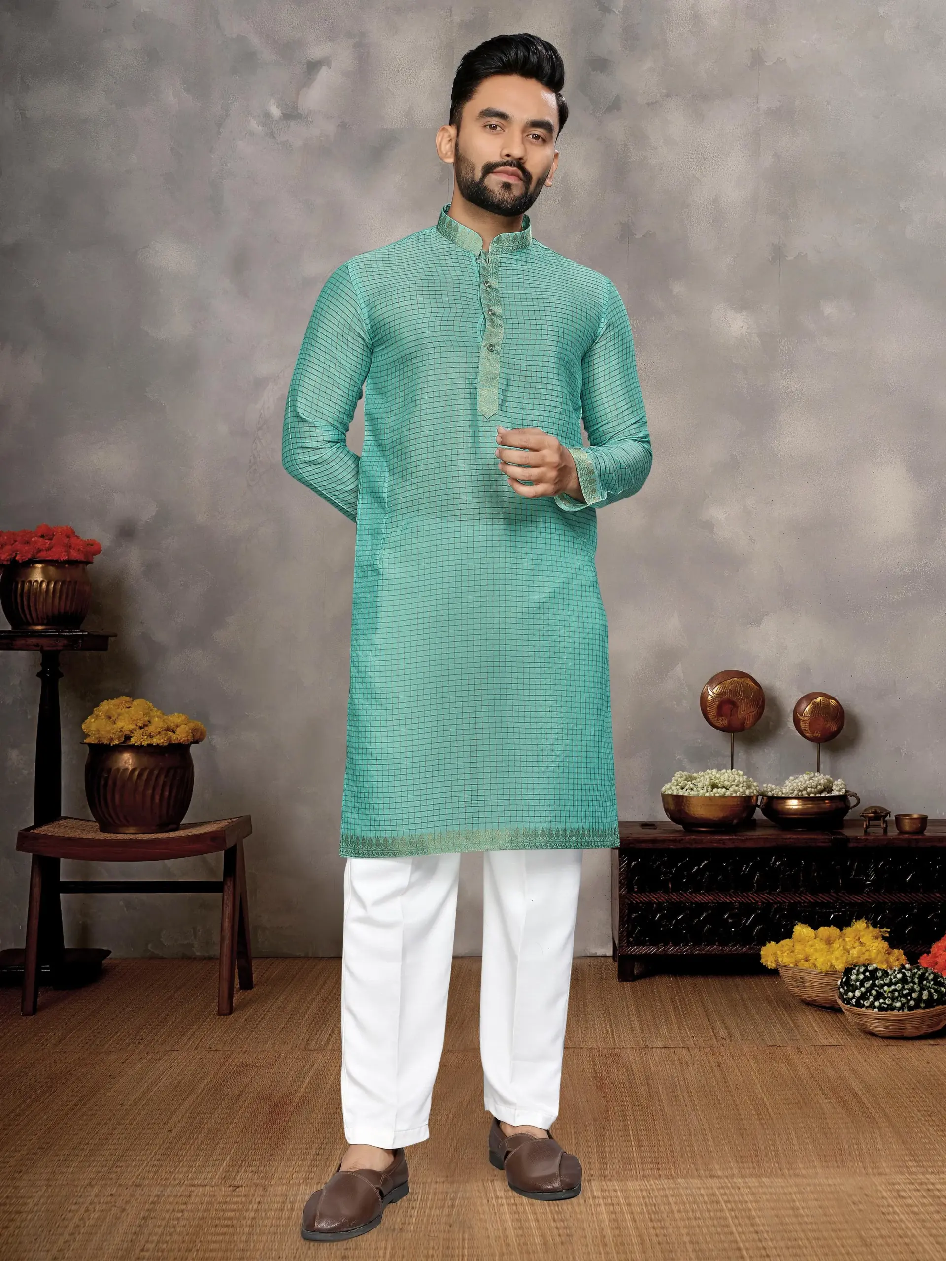 Teal Silk Zari Work Men's Kurta Pyjama