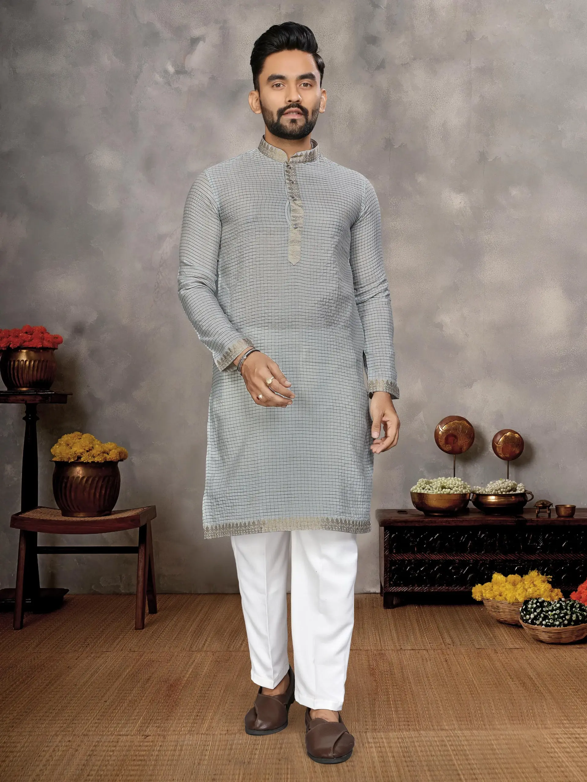 Grey Silk Zari Work Men's Kurta Pyjama