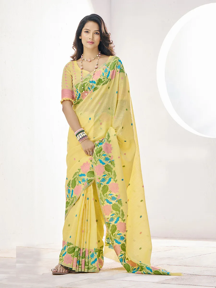 Yellow Linen Silk Floral Printed Saree - Image 2