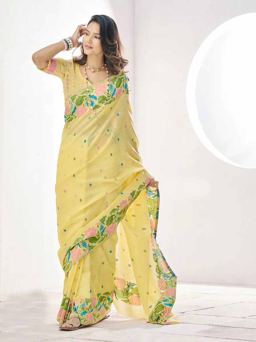 Yellow Linen Silk Floral Printed Saree - Image 3