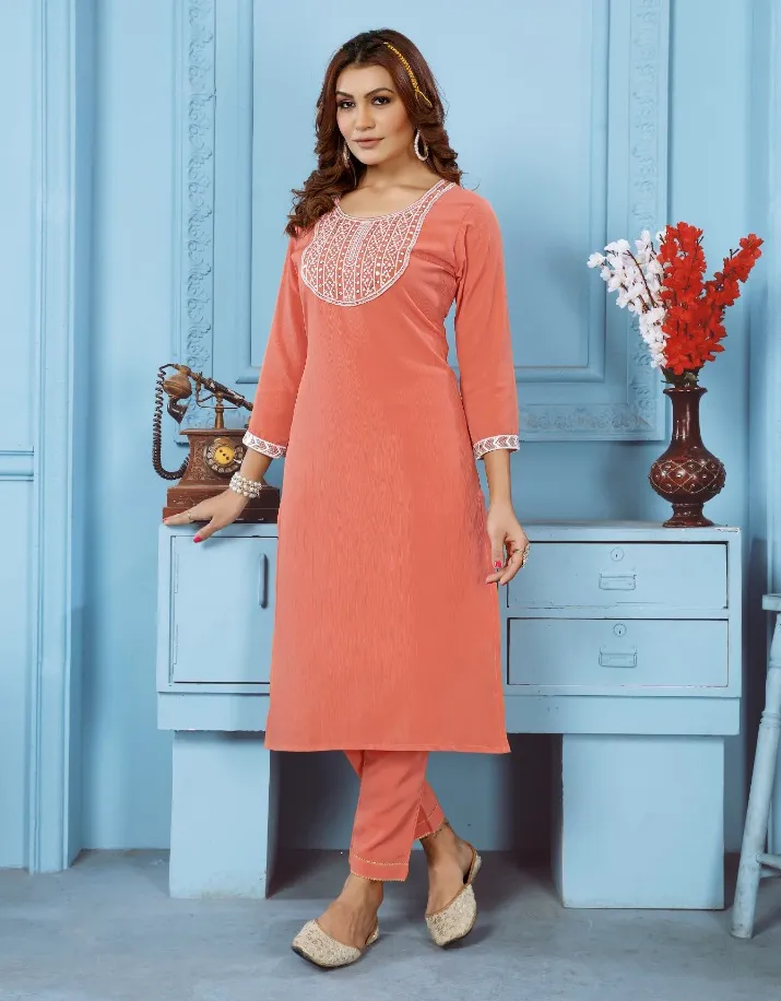 Orange Cotton Embroidered Kurti With Pant
