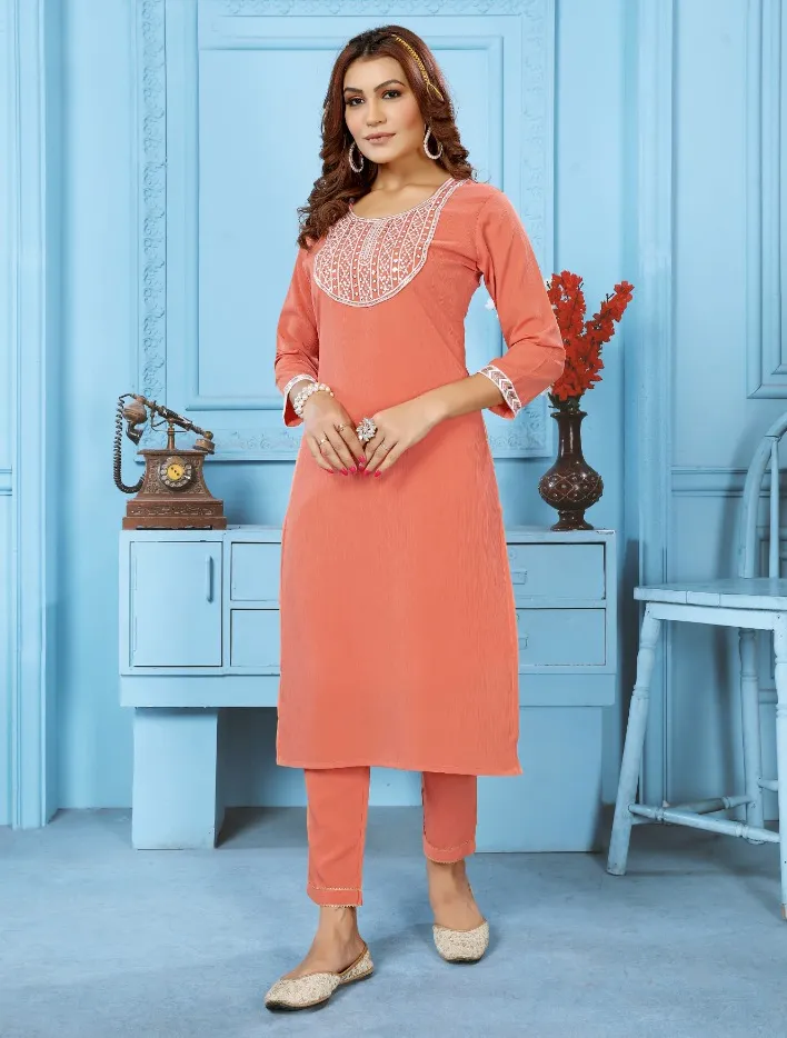 Orange Cotton Embroidered Kurti With Pant - Image 2