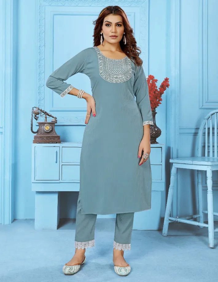 Grey Cotton Embroidered Kurti With Pant