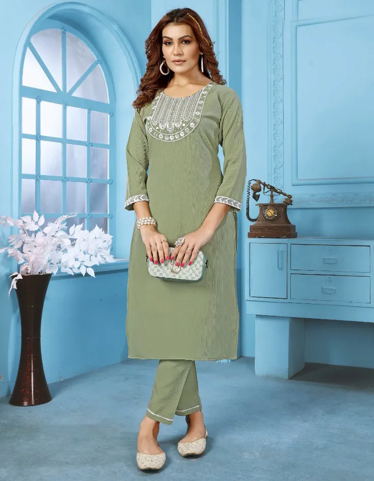 Olive Cotton Embroidered Kurti With Pant
