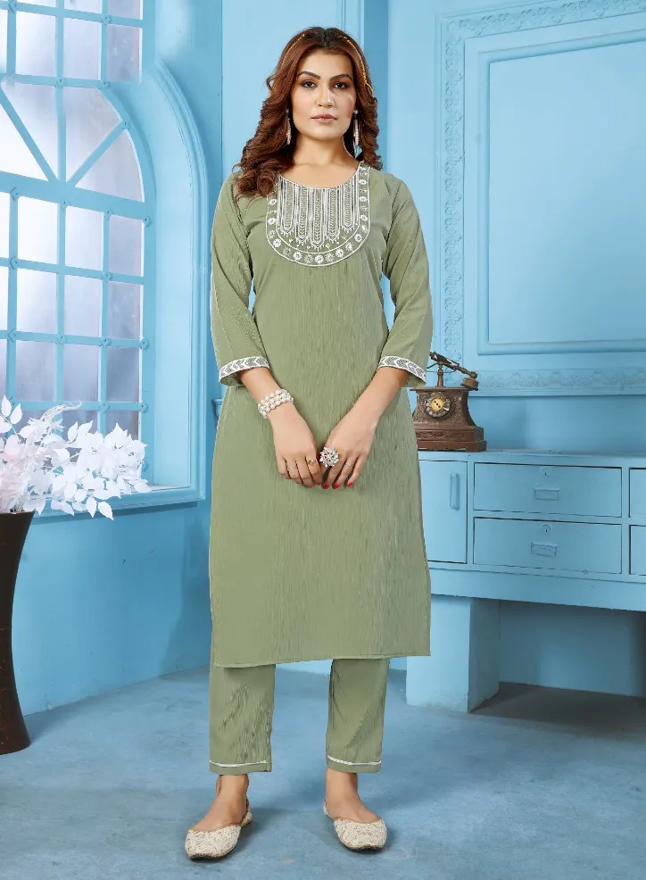 Olive Cotton Embroidered Kurti With Pant - Image 2