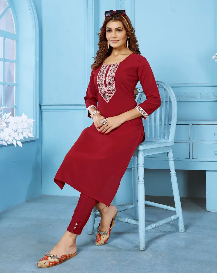 Red Cotton Embroidered Kurti With Pant