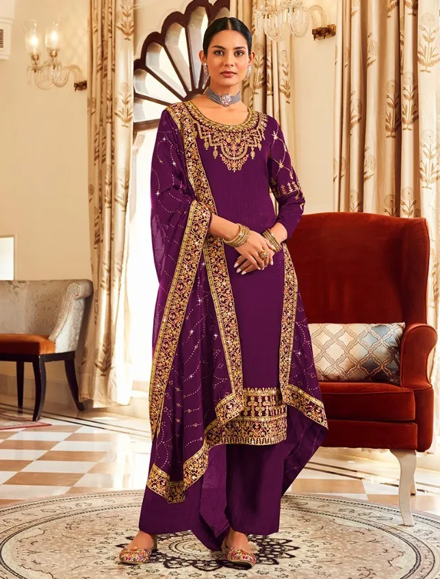 Wine Pure Vichitra Embroidered Salwar Suit