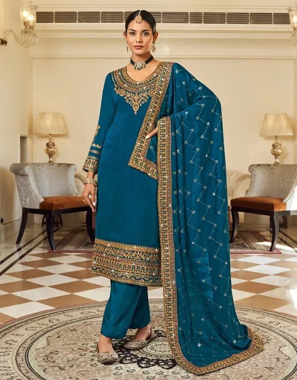 Blue Pure Vichitra Embroidered Salwar Suit