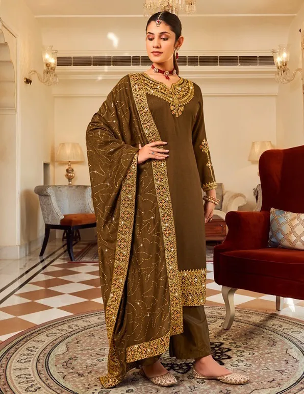 Brown Pure Vichitra Embroidered Salwar Suit