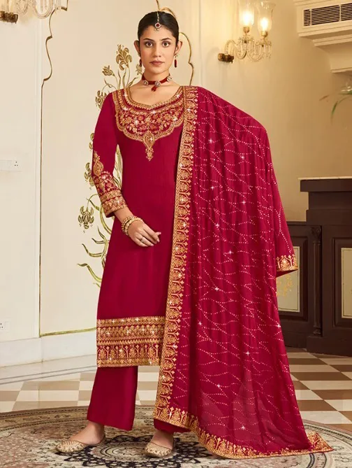Red Pure Vichitra Embroidered Salwar Suit