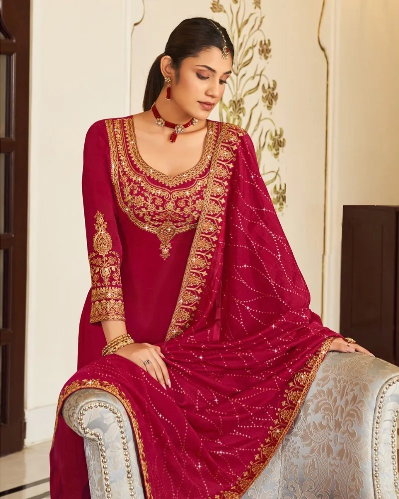 Red Pure Vichitra Embroidered Salwar Suit - Image 2