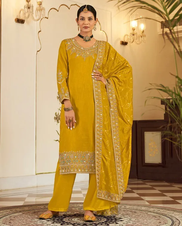 Yellow Pure Vichitra Embroidered Salwar Suit