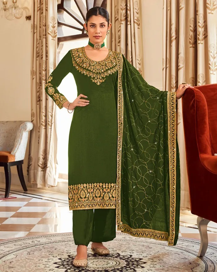 Olive Green Pure Vichitra Embroidered Salwar Suit