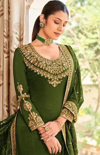 Olive Green Pure Vichitra Embroidered Salwar Suit - Image 2