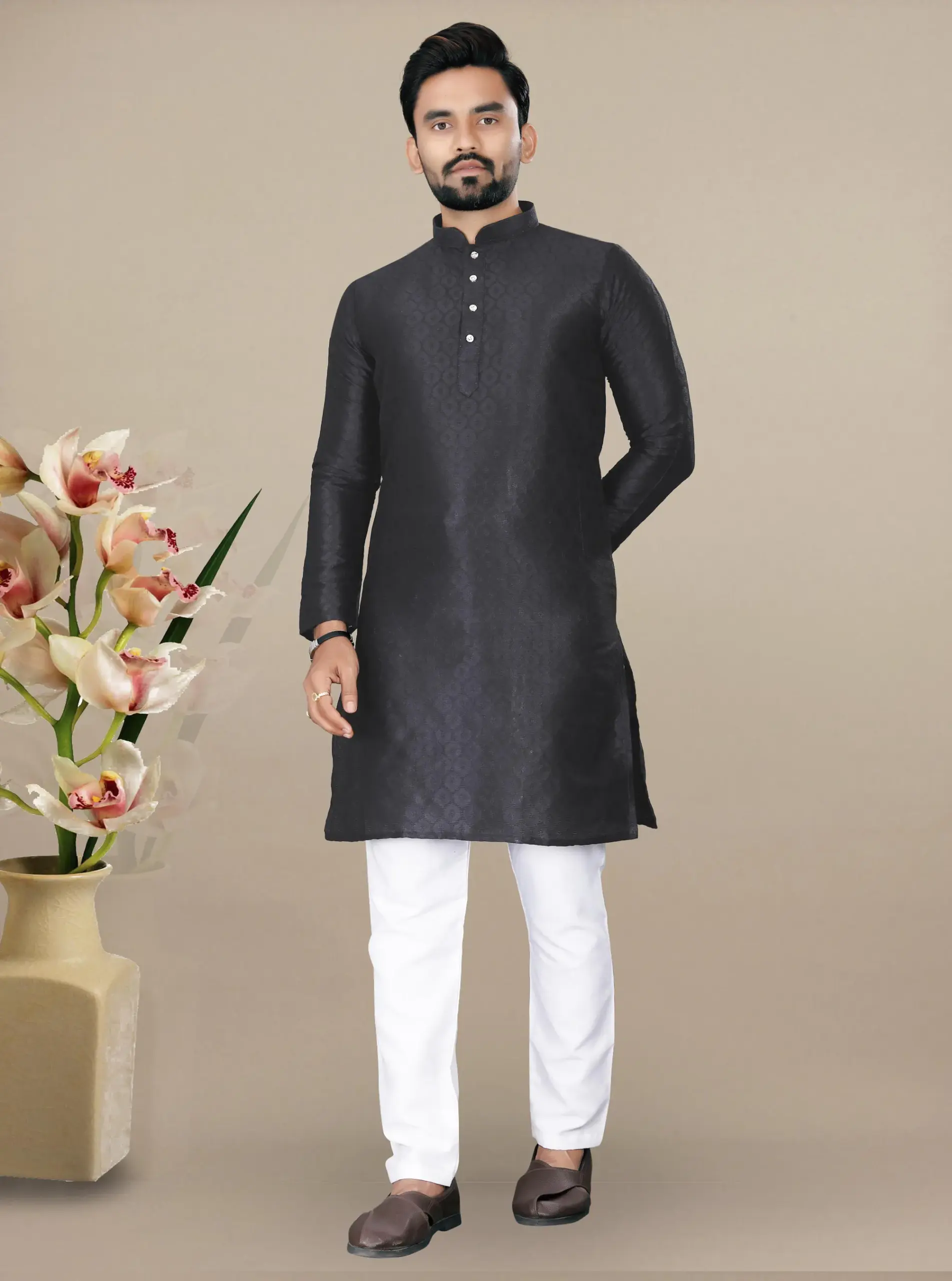 Black Jacquard Kurta With Contrast Pyjama