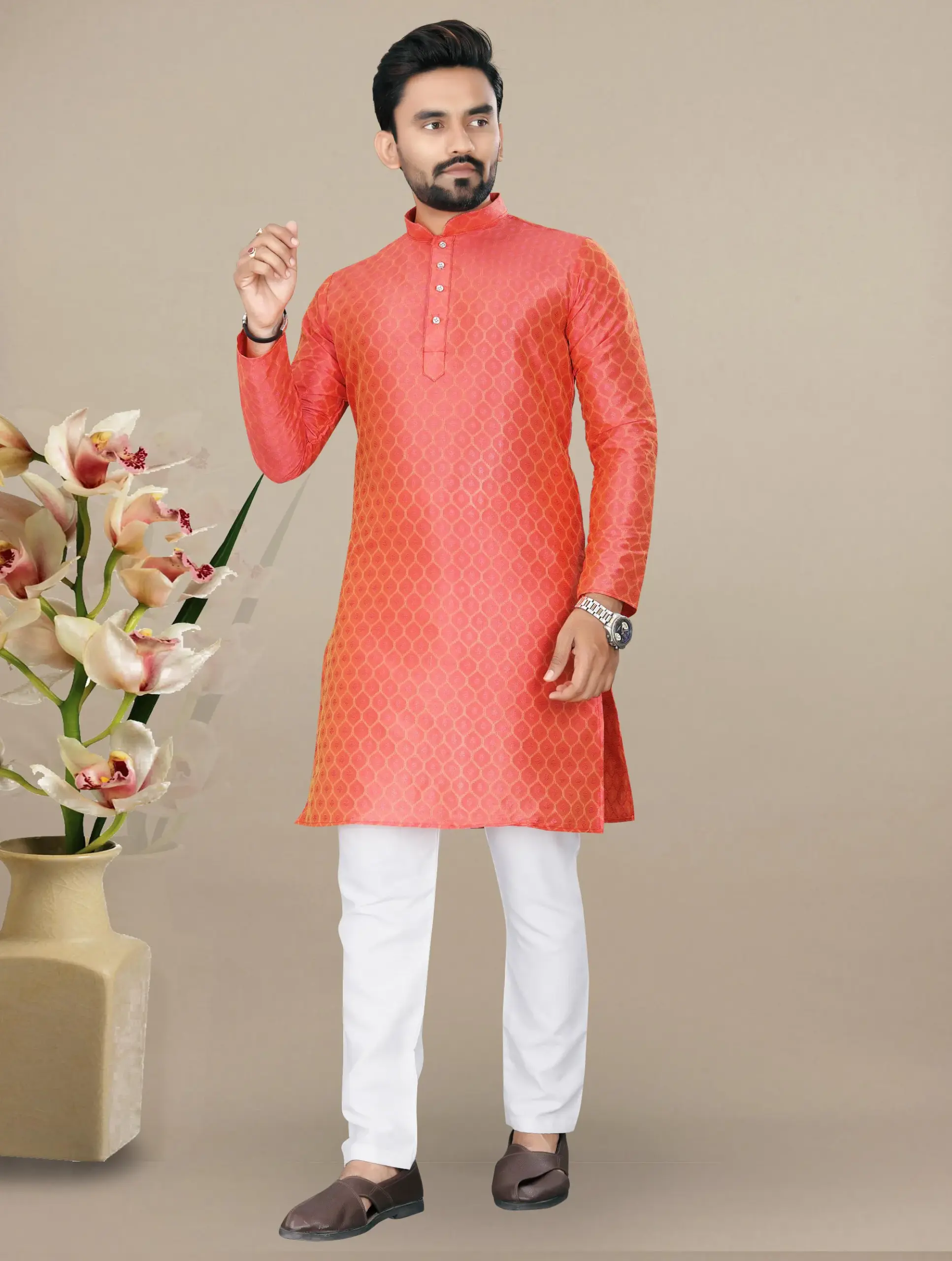Orange Jacquard Kurta With Contrast Pyjama