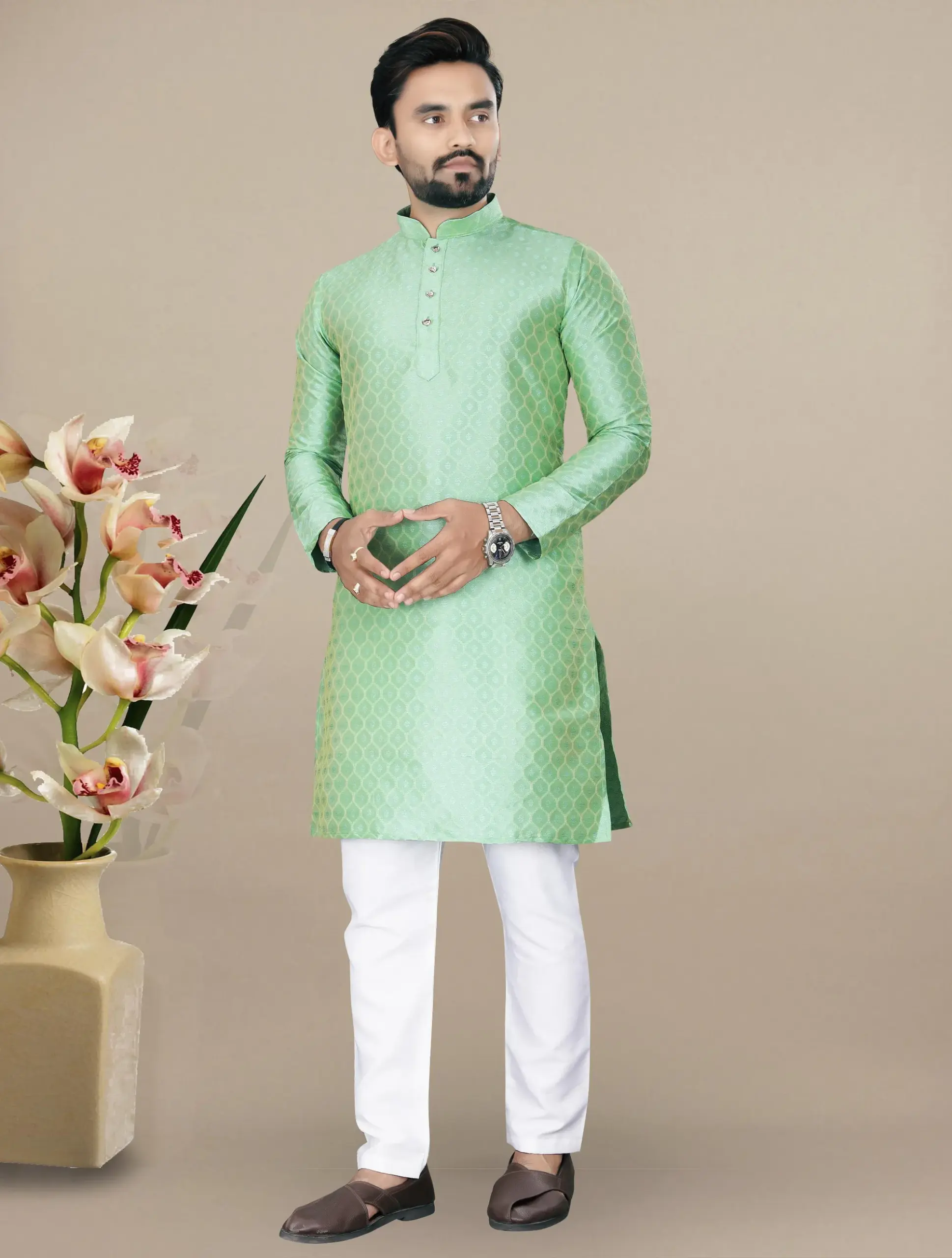 Mint Green Jacquard Kurta With Contrast Pyjama