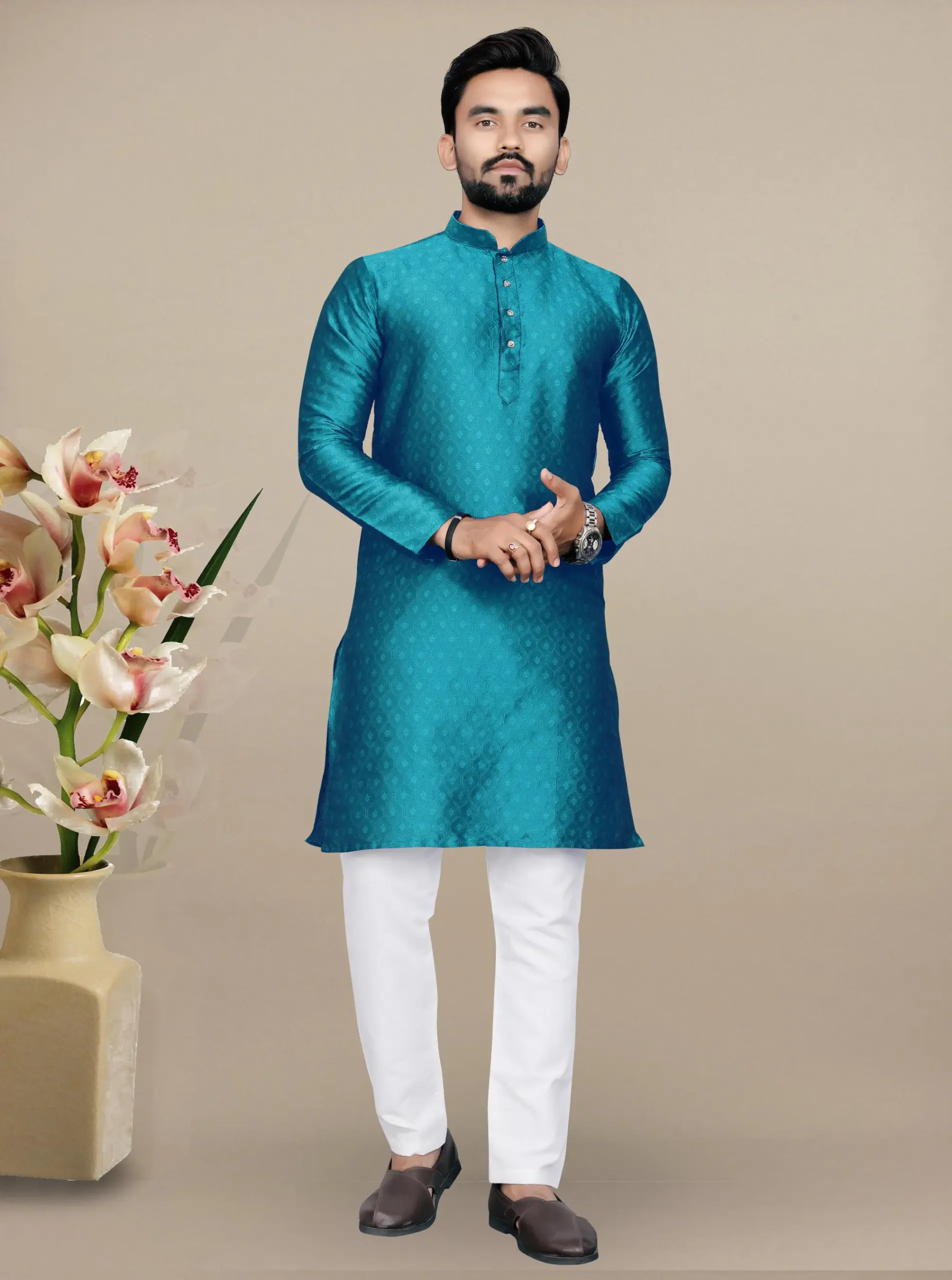 Teal Blue Jacquard Kurta With Contrast Pyjama
