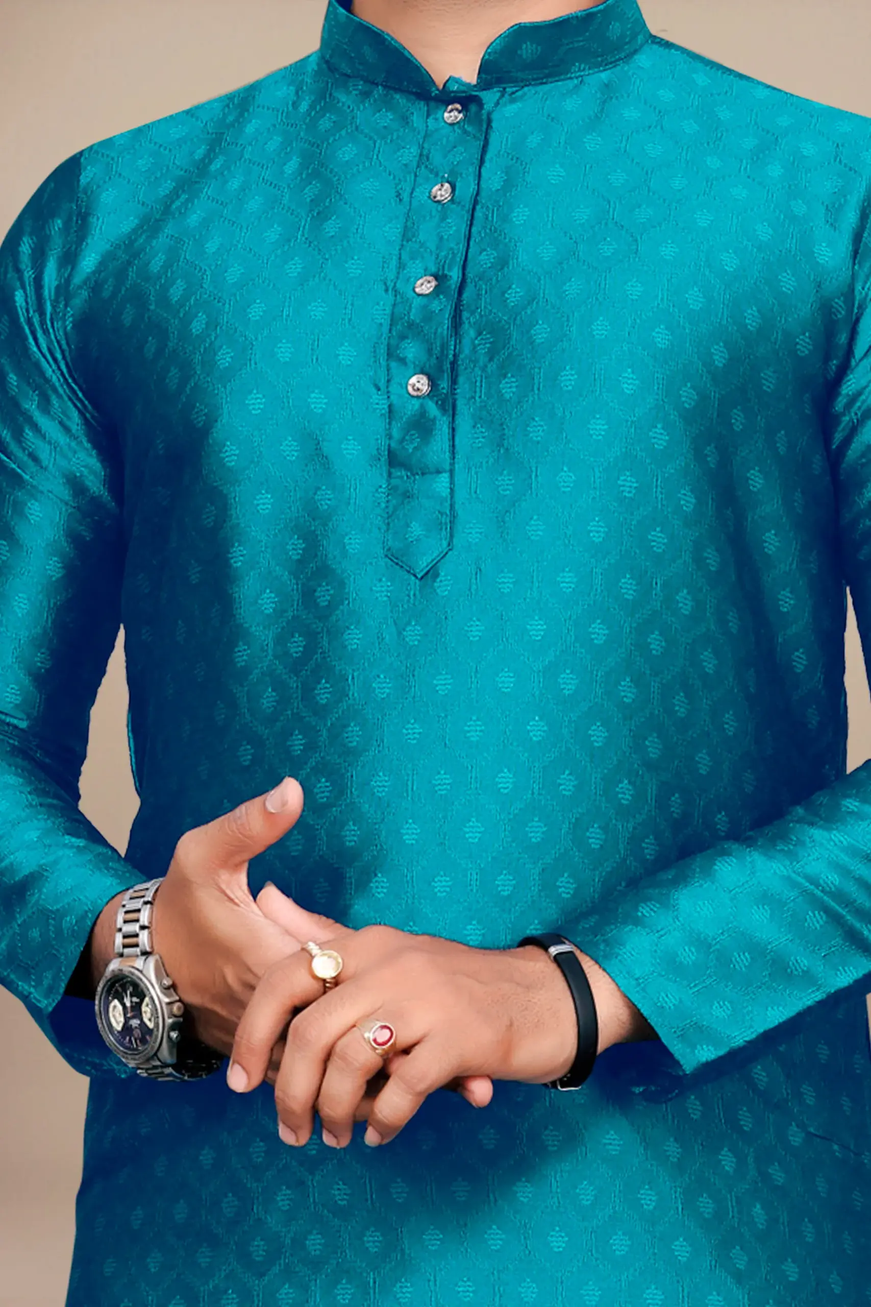 Teal Blue Jacquard Kurta With Contrast Pyjama - Image 4